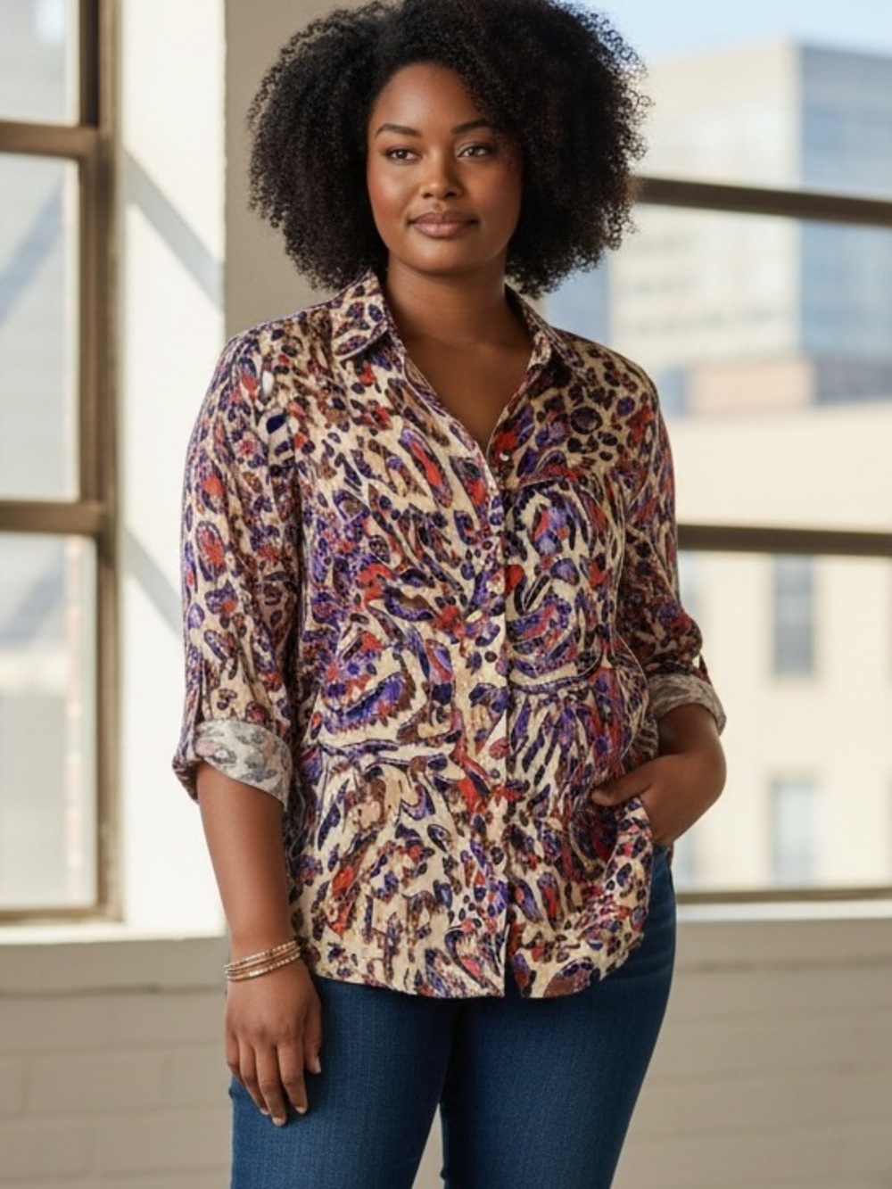 Mischa button down Blouse Multicolor Art Print Oversized Medium Long Sleeve